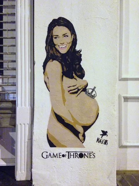 Pregnant Kate Middleton poses semi-naked – in the latest work by street artist, Pegasus, 2014. The artist, who has been dubbed “the new Banksy”, unveiled his latest creation on a North London wall. (Photo by Splash News and Pictures/Pegasus)