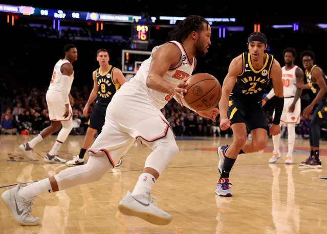 Jalen Brunson #11 of the New York Knicks drives the net as Andrew Nembhard #2 of the Indiana Pacers defends at Madison Square Garden on January 11, 2023 in New York City. The New York Knicks defeated the Indiana Pacers 119-113. (Photo by Elsa/Getty Images)