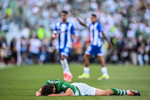 Sporting's Portuguese midfielder #23 Daniel Braganca reacts during the “Taca de Portugal” (Portugal's Cup) final football match between Sporting CP and FC Porto at Estadio Nacional in Oeiras, outskirts of Lisbon, on May 26, 2024. (Photo by Patrícia de Melo Moreira/AFP Photo)
