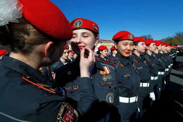 Russian military cadets attend the annual military parade dedicated to the Victory Day celebrations at the Dvortsovaya (Palace) Square in St. Petersburg, Russia, 09 May 2024. Russia marks the 79th anniversary of the victory in World War II over Nazi Germany and its allies. The Soviet Union lost 27 million people in the war. (Photo by Anatoly Maltsev/EPA/EFE)