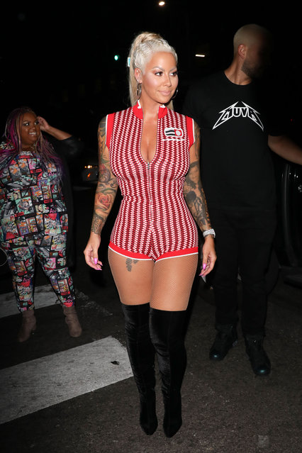 Amber Rose is seen with a new wig as she is arriving to Argyle in Hollywood, CA on April 30, 2018. (Photo by Mr.Canon/Splash News and Pictures)
