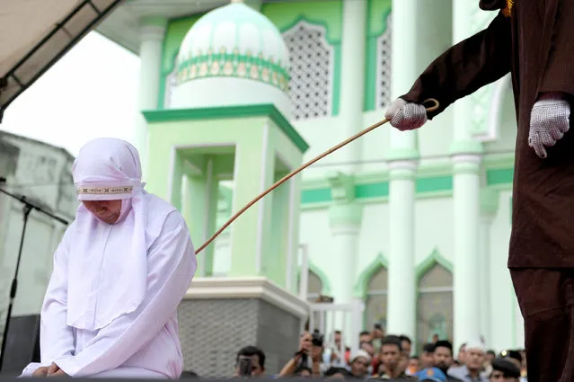 A 20-year old Muslim woman gets caned after being caught in close proximity with her boyfriend in Banda Aceh on October 31, 2016. Aceh is the only province in the predominantly Muslim country that applies sharia law, and public canings for breaches of Islamic code happen on a regular basis and often attract huge crowds. (Photo by Chaideer Mahyuddin/AFP Photo)