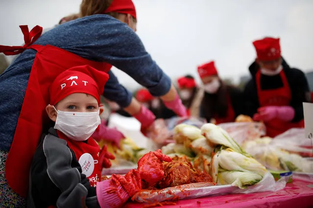 A boy makes traditional side dish Kimchi during the Seoul Kimchi Festival in central Seoul, South Korea, November 4, 2016. (Photo by Kim Hong-Ji/Reuters)