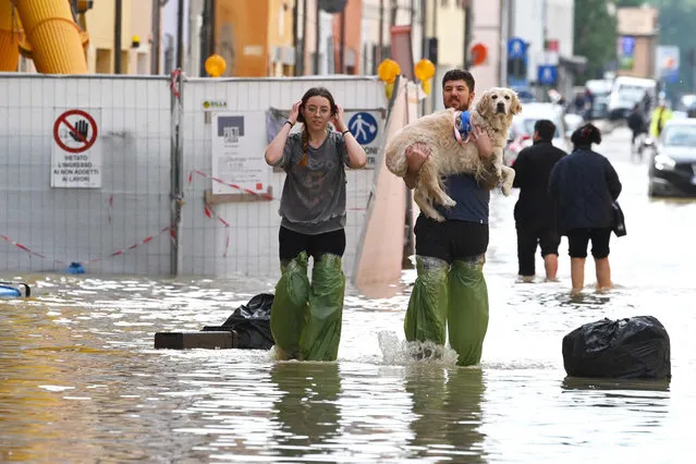 Pedestrians hold their dog in a flooded street in the town of Lugo on May 18, 2023, after heavy rains caused flooding across Italy's northern Emilia Romagna region. Rescue workers searched on May 18, 2023 for people still trapped by floodwaters in northeast Italy as more residents were evacuated after downpours which killed nine people and devastated homes and farms. (Photo by Andreas Solaro/AFP Photo)