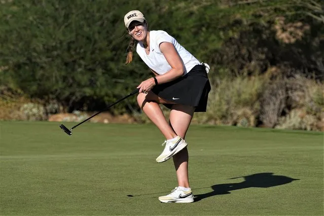 Wake Forest golfer Emilia Migliaccio watches her putt on the 16th green during the NCAA college women's match play golf championship final against Southern California at Grayhawk Golf Club, Wednesday, May 24, 2023, in Scottsdale, Ariz. (Photo by Matt York/AP Photo)