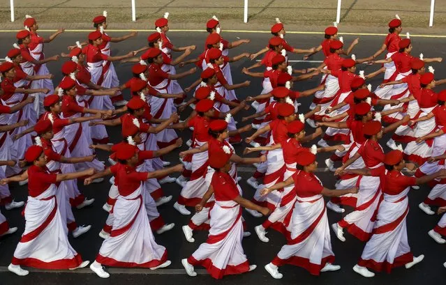 Female Indian civil defence personnel march during the full-dress rehearsal for the Republic Day parade in Kolkata, India, January 22, 2016. (Photo by Rupak De Chowdhuri/Reuters)