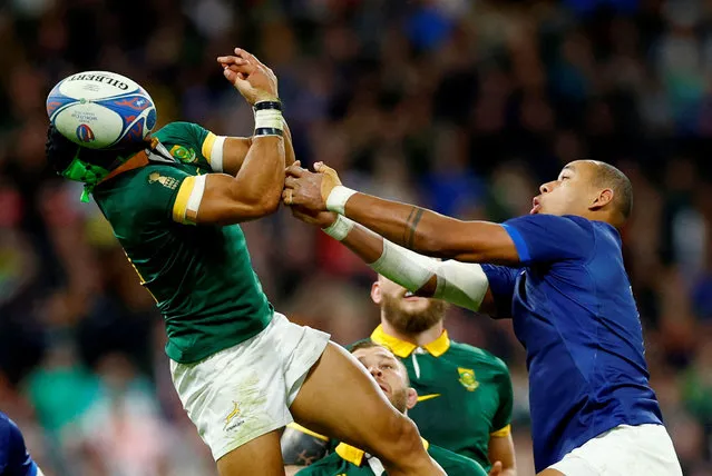 South Africa's Cheslin Kolbe in action with France's Gael Fickou during the Rugby World Cup 2023 France v South Africa quarter final match, at Stade de France, Saint-Denis, France on October 15, 2023. (Photo by Sarah Meyssonnier/Reuters)