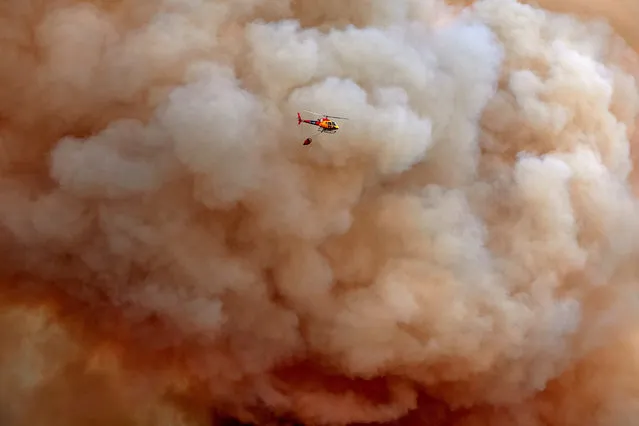 An helicopter pours water onto the forest fire originated in Girona, Spain, 22 July 2021. The fire has so far burnt around 20 hectares wit​h no residential areas affected. (Photo by David Borrat/EPA/EFE)