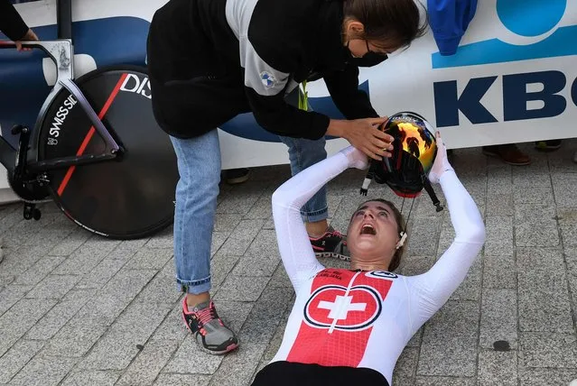 Switzerland's cyclist Marlen Reusser reacts after placing second in the women' elite time trial race of the UCI World Championships Road Cycling Flanders 2021, in Bruges, on September 20, 2021. UCI World Championships Road Cycling Flanders 2021 takes place from September 19 until September 26, 2021, in several cities in the Belgian region of Flanders. (Photo by Simon Wilkinson/BELGA via AFP Photo)