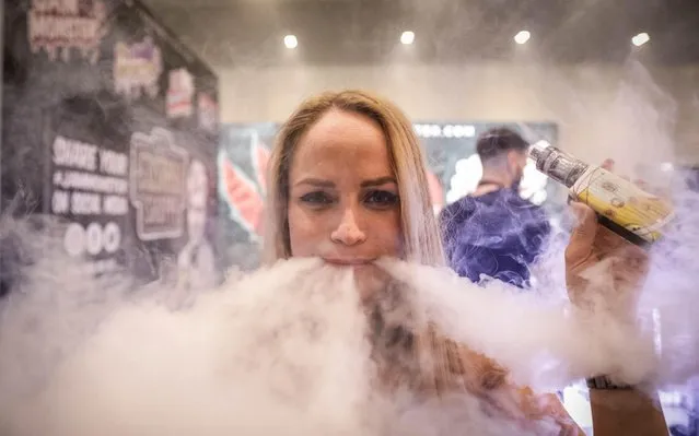 A vape enthusiast vapes during Vape Jam 2019 at ExCel on April 12, 2019 in London, England. Vape Jam UK, the premier Electronic Cigarette and E-Liquid trade show brings key industry players, leading manufacturers, consumers, hobbyists and people looking for an alternative to tobacco. (Photo by Corbishley/Alamy Live News)