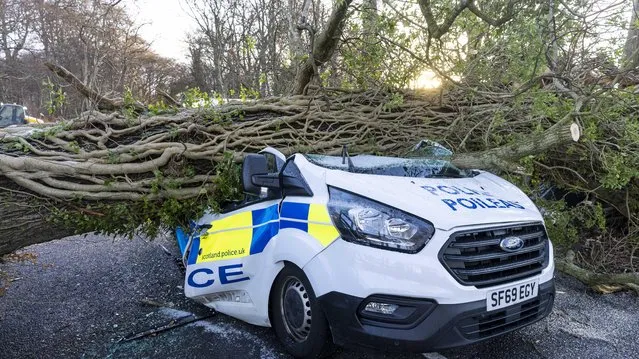 Police dealing with the death of a man killed by a tree in Aberdeenshire on November 27, 2021, returned to find their own van crushed. At least three people were killed as Storm Arwen lashed parts of the UK with winds of up to 100mph, leaving buildings destroyed and thousands without power. (Photo by Derek Ironside/Newsline Media Limited)