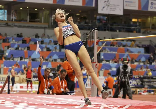 Ukraine' s Yuliya Levchenko celebrates after clearing the bar in the women' s high jump final at the 2017 European Athletics Indoor Championships in Belgrade on March 4, 2017. (Photo by Marko Djurica/Reuters)