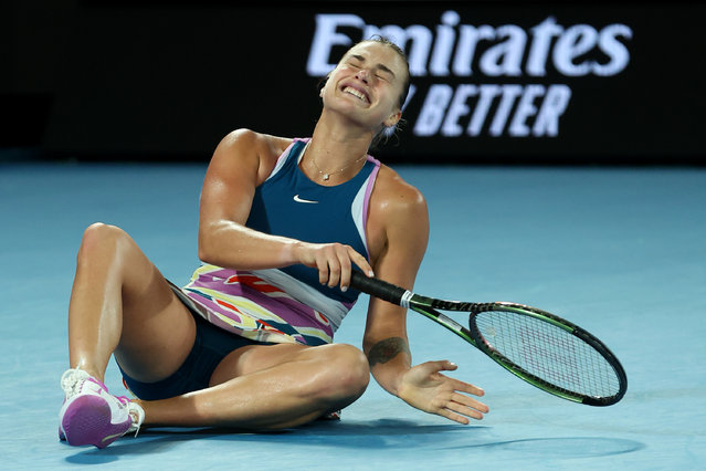 Belarusian tennis player Aryna Sabalenka celebrates winning championship point in the Women’s Singles Final match against Elena Rybakina of Kazakhstan during day 13 of the 2023 Australian Open at Melbourne Park on January 28, 2023 in Melbourne, Australia. (Photo by Mark Kolbe/Getty Images)