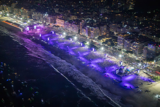 In this handout image, aerial view of Copacabana Beach packed by concertgoers during Madonna's massive free show to close “The Celebration Tour” on May 04, 2024 in Rio de Janeiro, Brazil. (Photo by Fernando Maia/Riotur via Getty Images)