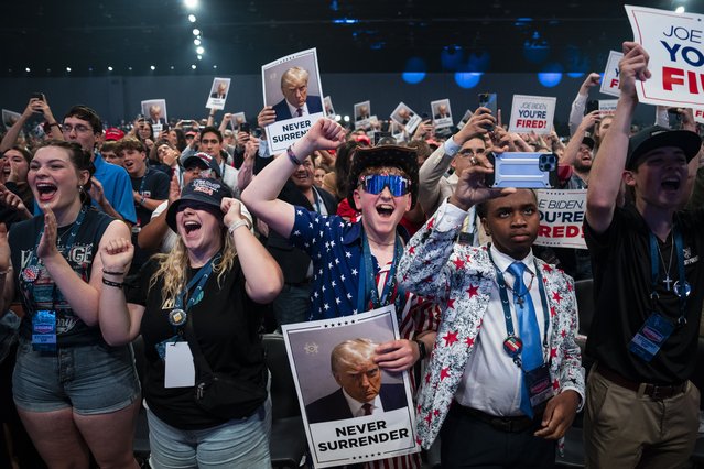 Supporters cheer as Republican presidential candidate and former President Donald Trump speaks at Turning Point USA Action's “The People's Convention” in Detroit, Michigan on Friday, June 14, 2024. (Photo by Jabin Botsford/The Washington Post)