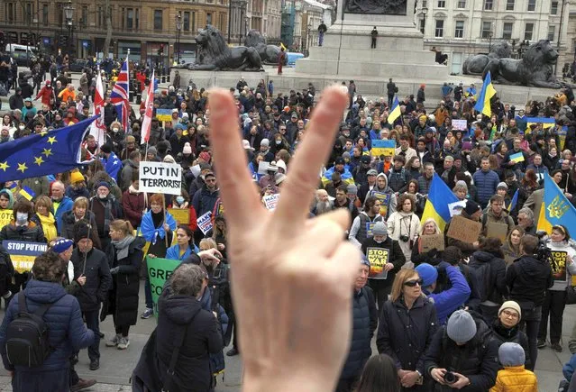Ukrainians living in Britain hold a protest at Trafalgar Square in London, Britain, 05 March 2022, to demonstrate against Russia's war against Ukraine. Russian troops entered Ukraine on 24 February prompting the country's president to declare martial law and triggering a series of announcements by Western countries to impose severe economic sanctions on Russia. (Photo by Mark Thomas/EPA/EFE/Rex Features/Shutterstock)