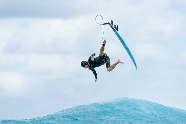 Peru's Alonso Correa takes part in a surfing training session in Teahupo'o, on the French Polynesian Island of Tahiti, on July 22, 2024, ahead of the Paris 2024 Olympic Games. (Photo by Ed Sloane/AFP Photo)