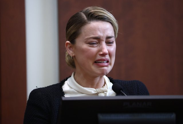 US actress Amber Heard reacts on the stand during the 50 million US dollar Depp vs Heard defamation trial at the Fairfax County Circuit Court in Fairfax, Virginia, USA, 05 May 2022. Johnny Depp's 50 million US dollar defamation lawsuit against Amber Heard that started on 10 April is expected to last five or six weeks. (Photo by Jim Lo Scalzo/EPA/EFE)