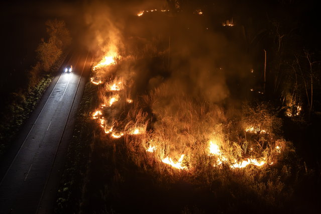 A picture taken with a drone shows a car driving along the BR-364 highway in an area engulfed by a forest fire near the city of Porto Velho, Rondonia state, Brazil, late 12 September 2024 (issued 13 September 2024). The destruction caused by fires in August 2024, with 5.6 million hectares burned, represents 49 percent of the entire surface area devastated by flames in the country since the beginning of this year, according to data released by scientific platform MapBiomas. (Photo by Isaac Fontana/EPA)