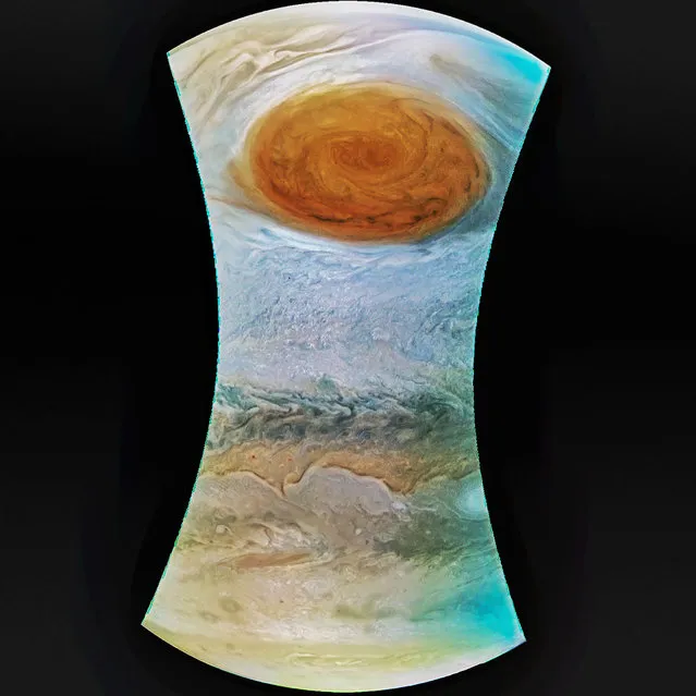 This processed NASA handout image obtained July 12, 2017 shows the Great Red Spot on Jupiter taken by the Juno Spacecraft on its flyby over the storm on July 11 NASA' s Juno successfully peered into the giant storm raging on Jupiter. “My latest Jupiter flyby is complete!” said a post on the @NASAJuno Twitter account. “All science instruments and JunoCam were operating to collect data”. The unmanned spacecraft came closer than any before it to the iconic feature on the solar system' s largest planet. (Photo by AFP Photo/NASA)