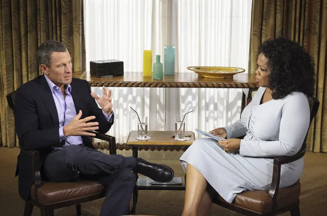 Talk-show host Oprah Winfrey interviewing cyclist Lance Armstrong during taping for the show "Oprah and Lance Armstrong: The Worldwide Exclusive" in Austin, Texas. The two-part episode of "Oprah's Next Chapter" will air nationally Thursday and Friday, Jan. 17-18, 2013. (AP Photo/Courtesy of Harpo Studios, Inc., George Burns)