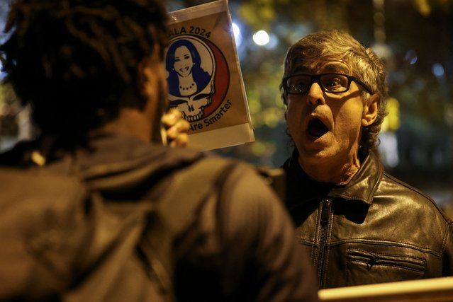 A Harris supporter argues with a supporter of the Green Party presidential nominee Jill Stein, outside of the venue for Kamala Harris' rally in Philadelphia, Pennsylvania on November 4, 2024. (Photo by Alyssa Pointer/Reuters)