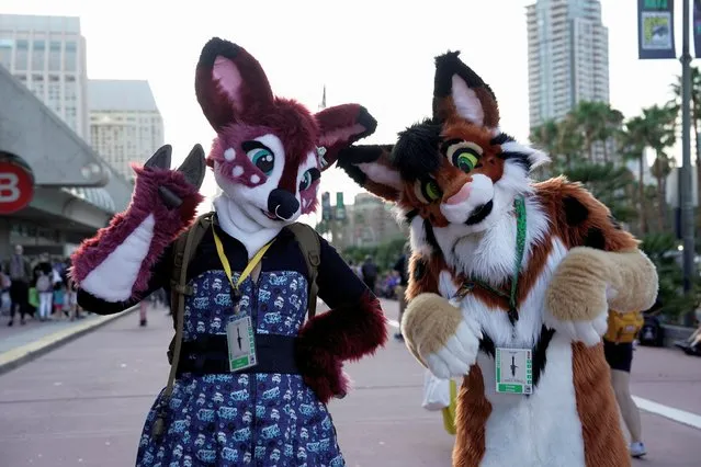 Daniele Gliebe and Cali Strahan cosplay in their fursuits as their fursonas Fohn and Fluxpaw, outside Comic-Con International in San Diego, California, U.S., July 23, 2022. (Photo by Bing Guan/Reuters)
