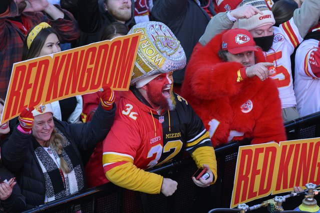 Kansas City Chiefs fans cheer during pre-game activities at a Super Bowl 59 watch party in the Power and Light District, Sunday, February 9, 2025 in Kansas City, Mo. (Photo by Reed Hoffmann/AP Photo)