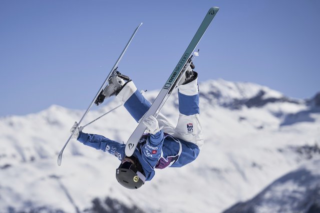United States' Kasey Hogg competes in the women's moguls at the Freestyle World Championships in St. Moritz, Switzerland, Wednesday, March 19, 2025. (Photo by Gian Ehrenzeller/Keystone via AP Photo)