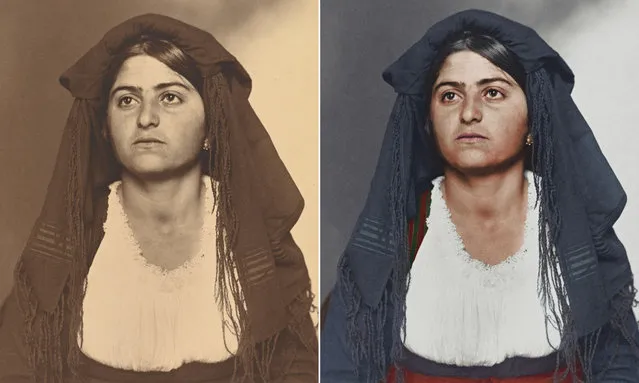 Many of the 12 million people who entered the US through New York’s Ellis Island wore traditional dress from their homelands. The early 1900s images by chief registry clerk Augustus Francis Sherman have been brought to life by colorists at Dynamichrome. The photos will form part of a book called The Paper Time Machine, by Wolfgang Wilding and Jordan Lloyd, which is currently being crowdsourced. Here: An Italian woman circa 1910 wearing a traditional homespun dress and shawl. (Photo by Augustus Francis Sherman/New York Public Library/The Guardian)
