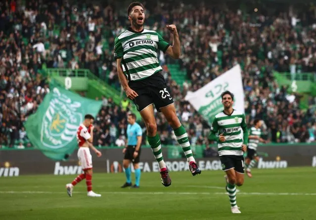 Goncalo Inacio of Sporting CP celebrates after scoring a goal during the Round of 16 Leg One - UEFA Europa League match between Sporting CP and Arsenal FC at Estadio Jose Alvalade on March 9, 2023 in Lisbon, Portugal. (Photo by Pedro Nunes/Reuters)