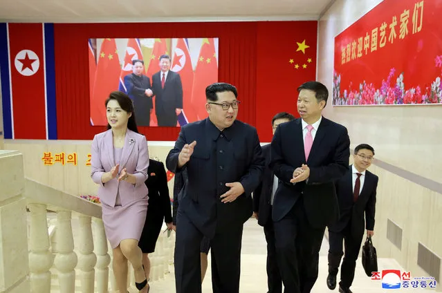 North Korean leader Kim Jong Un meets Song Tao, the head of the China's Communist Party's International Department who led a Chinese art troupe to North Korea for the April Spring Friendship Art Festival, in this handout photo released by North Korea's Korean Central News Agency (KCNA) on April 15, 2018. (Photo by Reuters/KCNA)