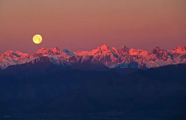 Full moon over the Alps. The majestic sight of the full moon setting behind the rose-tinted Alps. Taken in the silent surroundings of Superga hill in Turin, Italy, mere minutes before sunrise. (Photo by Stefano de Rosa)