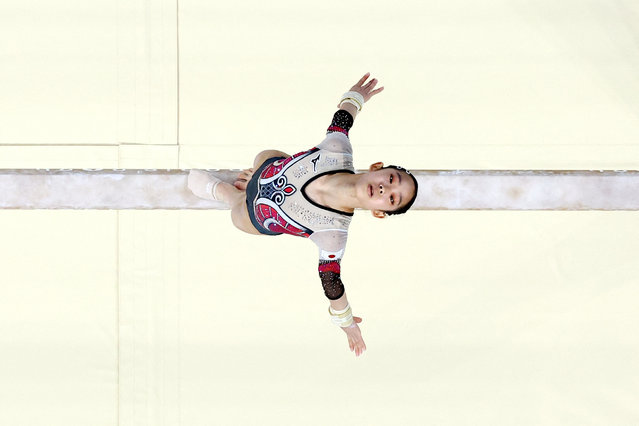 Japanese gymnast Haruka Nakamura in action on the balance beam at Bercy Arena ib Paris, France on August 01, 2024. (Photo by Athit Perawongmetha/Reuters)