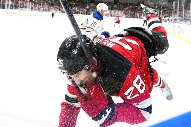 New Jersey Devils' Timo Meier battles for the puck during the NHL hockey game between Buffalo Sabres and New Jersey Devils, in Prague, Czech Republic, Friday, October 4, 2024. (Photo by Petr David Josek/AP Photo)