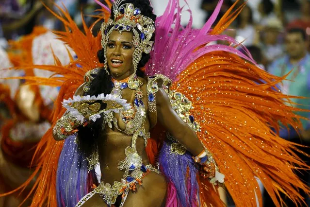 Beija-Flor samba school's Drum Queen Rayssa Oliveira performs during the carnival parade at the Sambadrome in Rio de Janeiro, February 7, 2016. (Photo by Pilar Olivares/Reuters)