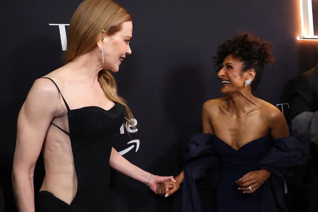 US-Australian actress Nicole Kidman (L) talks to actress Sarayu Blue as they arrive for Prime Video's “Expats” premiere at The Museum of Modern Art in New York City on January 21, 2024. (Photo by Charly Triballeau/AFP Photo)