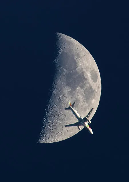 Pictured is a TAP Air Portugal plane passing in front of the moon at 8.05pm on Friday evening April 8, 2022. Viewed from a balcony in the Chalk Farm area of London. With the sun setting, it lit up the Embraer E190LR plane, coupled with perfect timing to made a good shot. (Photo by @iuli_snaps/pictureexclusive.com)
