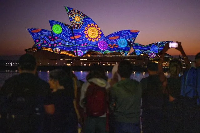 Kamilaroi artist Rhonda Sampson’s “Diyan Warrane” artwork is projected onto the sails of the Sydney Opera House at dawn during Australia Day 2023 celebrations in Sydney on January 26, 2023. (Photo by Bianca De Marchi/AAP Image via Reuters)