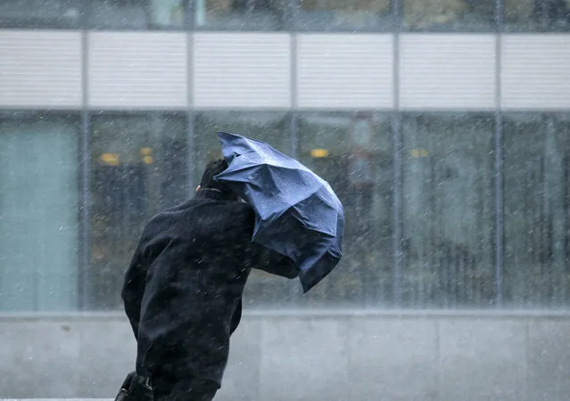 A man struggles with his umbrella during wind and rain during a storm near European commission headquarters in Brussels, Belgium, 08 February 2016. (Photo by Olivier Hoslet/EPA)