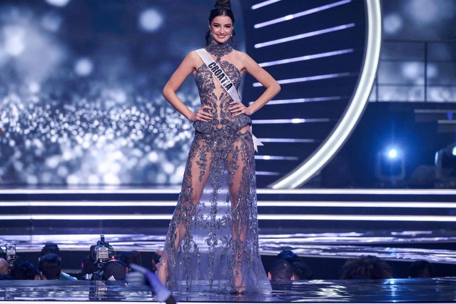 Miss Croatia, Ora Ivanisevic, presents herself on stage during the preliminary stage of the 70th Miss Universe beauty pageant in Israel's southern Red Sea coastal city of Eilat on December 10, 2021. (Photo by Menahem Kahana/AFP Photo)