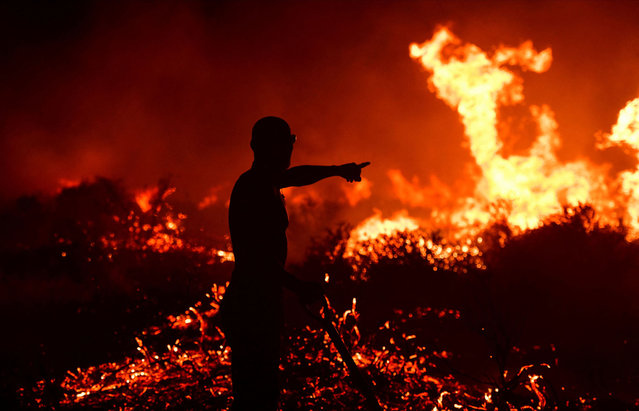 A firefighter points as he stands near flames from forest fires, near Puerto Madryn, Chubut, Argentina on January 3, 2022. (Photo by Maxi Jonas/Reuters)