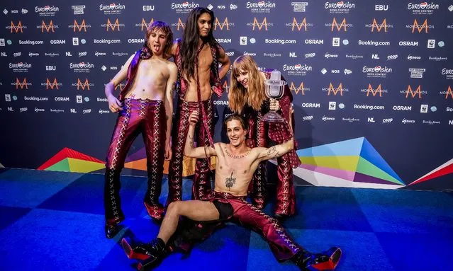 Eurovision 2021 winners Italy's Maneskin poses with their trophy at the end of a press conference after winning the final of the 65th Eurovision Song Contest at the Ahoy convention centre in Rotterdam, on May 22, 2021. (Photo by Sander Koning/ANP/AFP Photo)