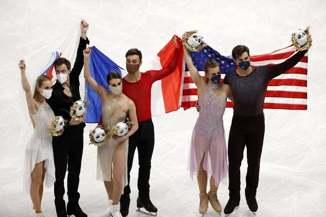 (L-R) Silver medalists Victoria Sinitsina and Nikita Katsalapov of Russia, Gold medalists Gabriella Papadakis and Guillaume Cizeron of France and bronze medalists Madison Hubbell and Zachary Donohue of USA pose during the awarding ceremony of the Ice Dance Free Dance of the Figure Skating events at the Beijing 2022 Olympic Games, Beijing, China, 14 February 2022. (Photo by How Hwee Young/EPA/EFE/Rex Features/Shutterstock)