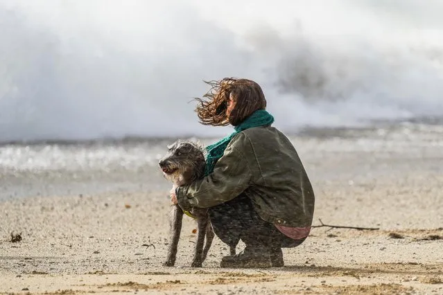 A dog owner and her Bedlington Whippet, Merlyn, enjoy a walk by the sea at Gyllyngvase Beach on February 18, 2022 in Falmouth, Cornwall. The Met Office has issued two rare, red weather warnings for the South and South West of England today as Storm Eunice makes landfall. Much of the rest of the UK is under amber and yellow warnings with winds up to 100 mph, rain and snow expected. This is the worst storm to hit the UK for three decades (Photo by Hugh Hastings/Getty Images)