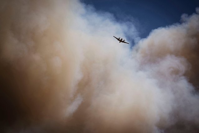 An air tanker soars through a large plume of smoke over and around wildfire-affected areas in the village of Ruidoso, N.M., Tuesday, June 18, 2024. (Photo by Chancey Bush/The Albuquerque Journal via AP Photo)