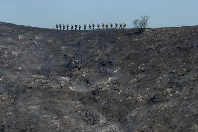 Fire crews walk along a blackened ridge as they battle the Getty fire Monday, October 28, 2019, in Los Angles. (Photo by Gregory Bull/AP Photo)