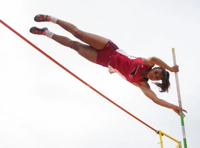 Mountlake Terrace's Chinne Okoronkwo clears the bar at 12 feet, 6 inches in 3A pole vaulting during the State Track and Field Championships at Mount Tahoma High School in Tacoma on Saturday, May 28, 2016. Okoronkwo won the pole vault with a height of 13 feet.   (Photo by Lindsey Wasson/The Seattle Times)