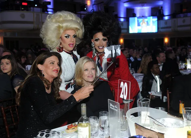 Caitlyn Jenner and Diane Sawyer take a selfie with guests at the 27th annual GLAAD awards, Saturday, May 14, 2016, at the Waldorf Astoria in New York.  Greater Fort Lauderdale CVB's Office of Film, Music & Entertainment partnered with GLAAD to showcase Greater Fort Lauderdale as a LGBTQ friendly destination.   (Photo by Diane Bondareff/Invision for Greater Fort Lauderdale Convention & Visitors Bureau/AP Images)