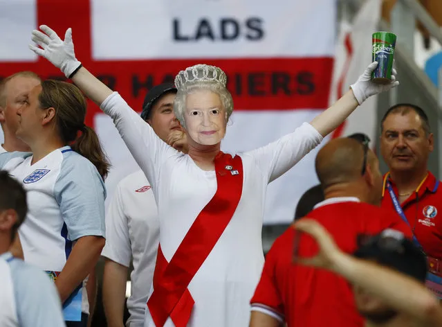 Football Soccer, England vs Russia, EURO 2016, Group B, Stade Vélodrome, Marseille, France on June 11, 2016. England fan in fancy dress as Britain's Queen Elizabeth before the match. (Photo by Jason Cairnduff/Reuters/Livepic)
